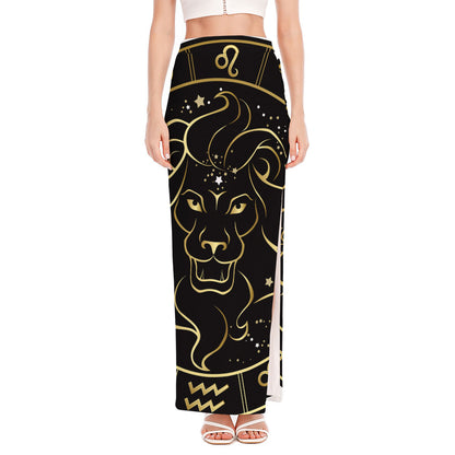 Gold And Black Leo Sign Print High Slit Maxi Skirt