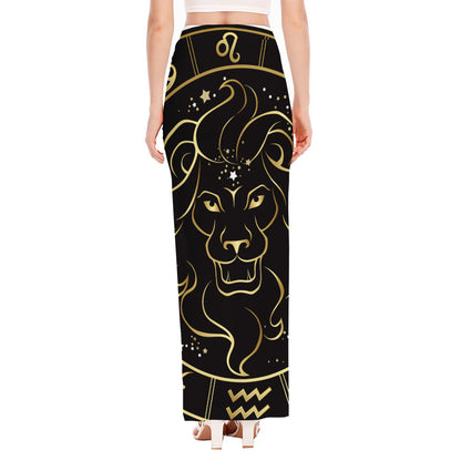 Gold And Black Leo Sign Print High Slit Maxi Skirt