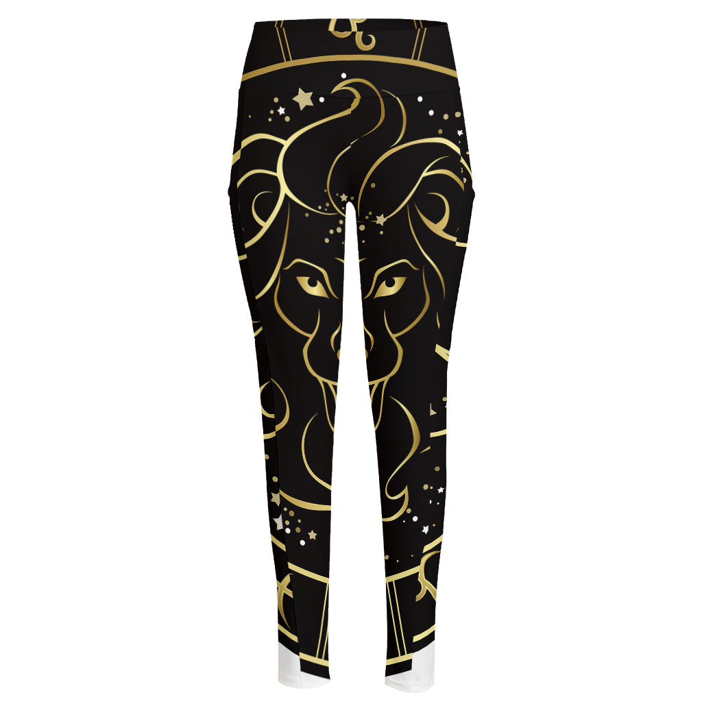Gold And Black Leo Sign Print High-Waisted Pocket Leggings