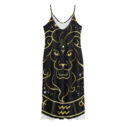 Gold And Black Leo Sign Print Jersey Midi Cami Dress