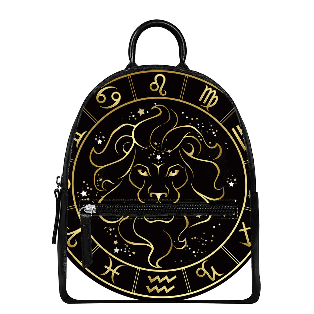 Gold And Black Leo Sign Print Leather Backpack