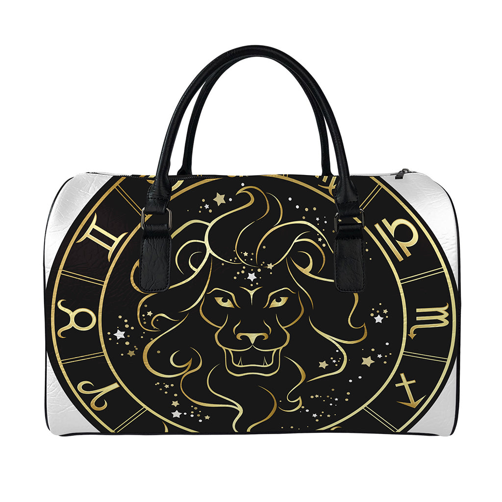 Gold And Black Leo Sign Print Leather Duffle Bag