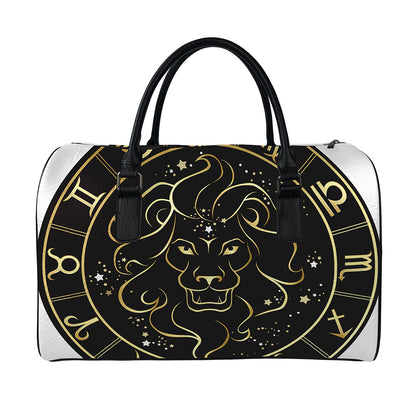 Gold And Black Leo Sign Print Leather Duffle Bag