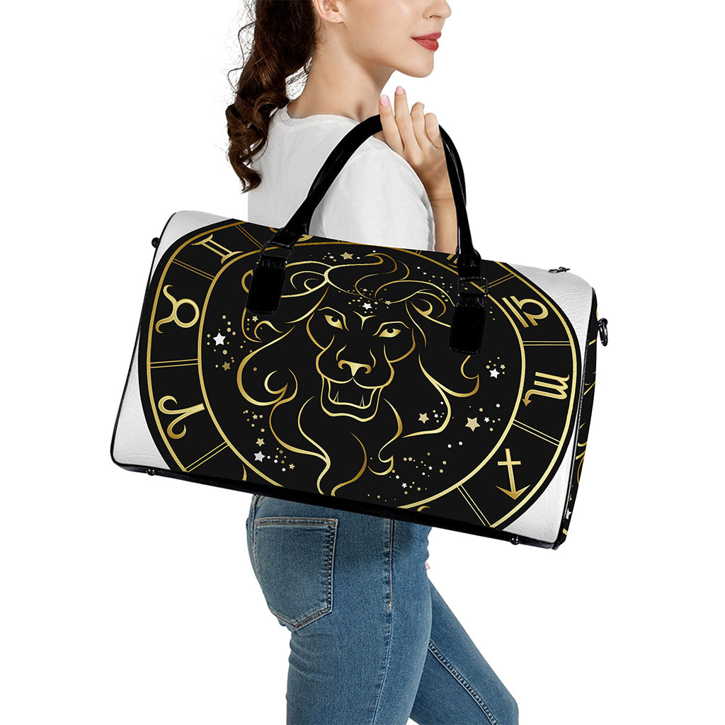 Gold And Black Leo Sign Print Leather Duffle Bag