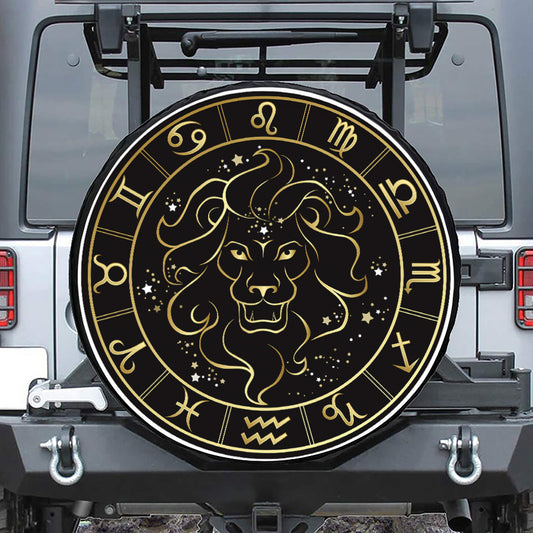 Gold And Black Leo Sign Print Leather Spare Tire Cover