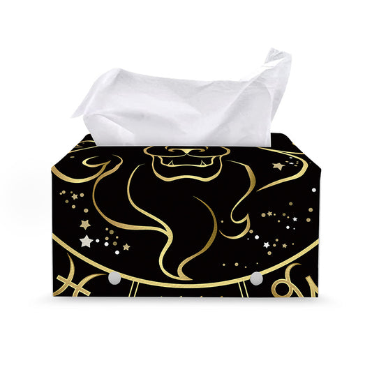 Gold And Black Leo Sign Print Leather Tissue Box Cover