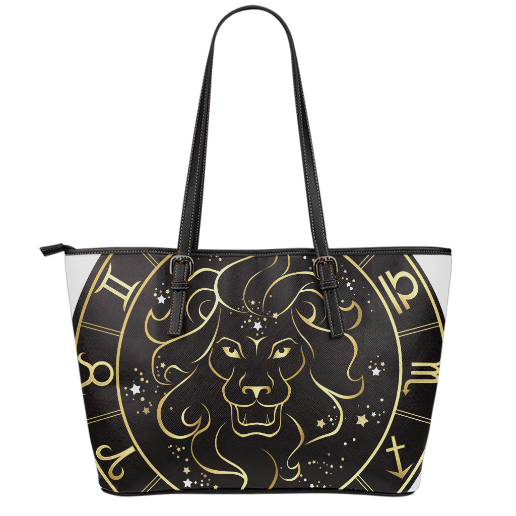 Gold And Black Leo Sign Print Leather Tote Bag