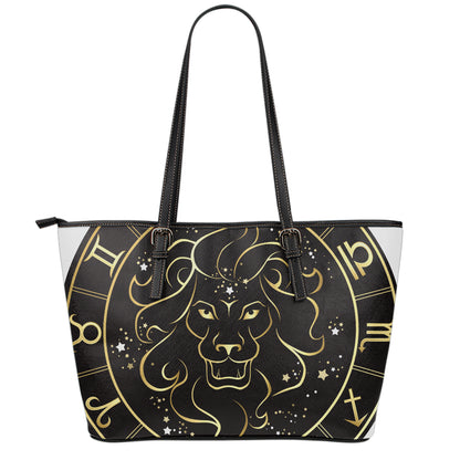 Gold And Black Leo Sign Print Leather Tote Bag