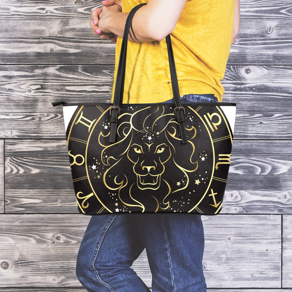 Gold And Black Leo Sign Print Leather Tote Bag