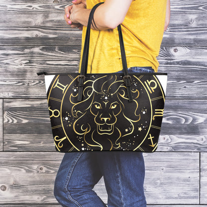 Gold And Black Leo Sign Print Leather Tote Bag