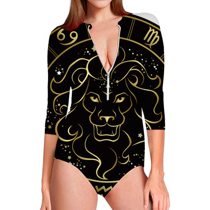 Gold And Black Leo Sign Print Long Sleeve Swimsuit