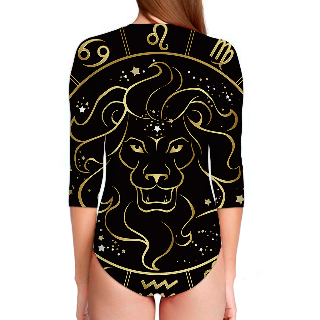 Gold And Black Leo Sign Print Long Sleeve Swimsuit