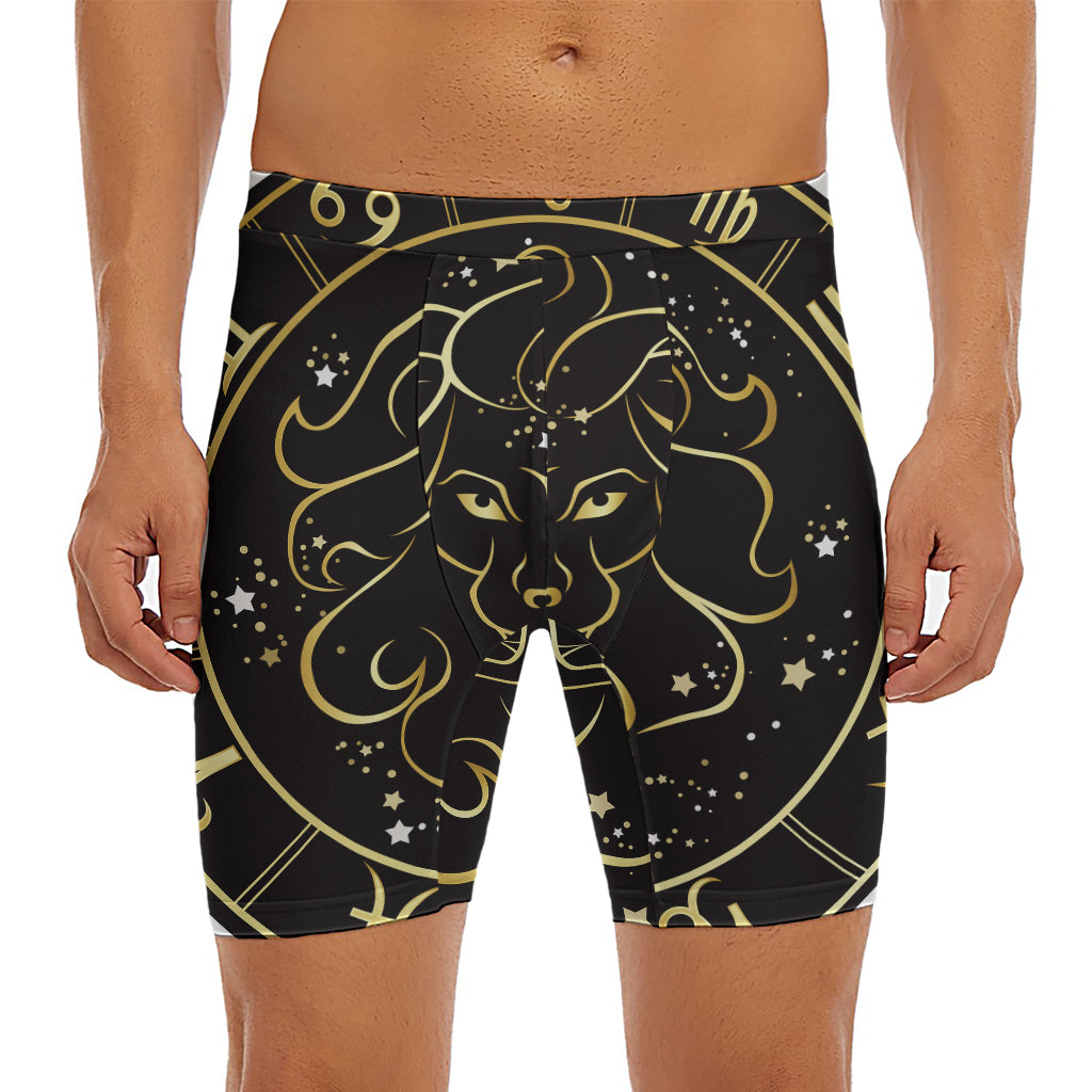 Gold And Black Leo Sign Print Men's Long Boxer Briefs