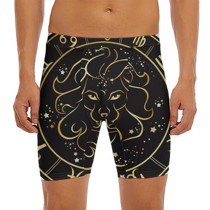 Gold And Black Leo Sign Print Men's Long Boxer Briefs