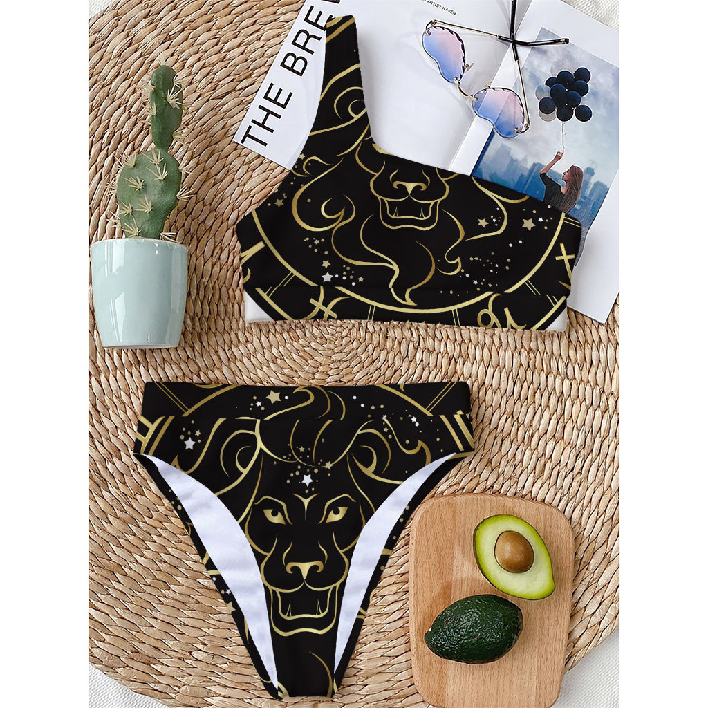 Gold And Black Leo Sign Print One Shoulder Bikini Top