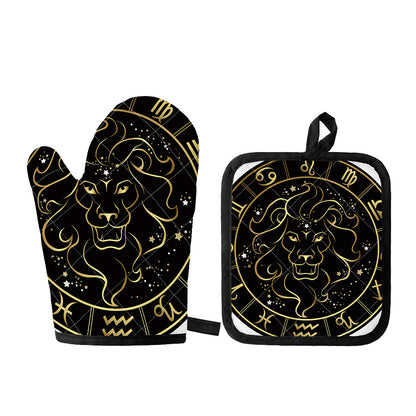 Gold And Black Leo Sign Print Oven Mitt And Pot Holder Set