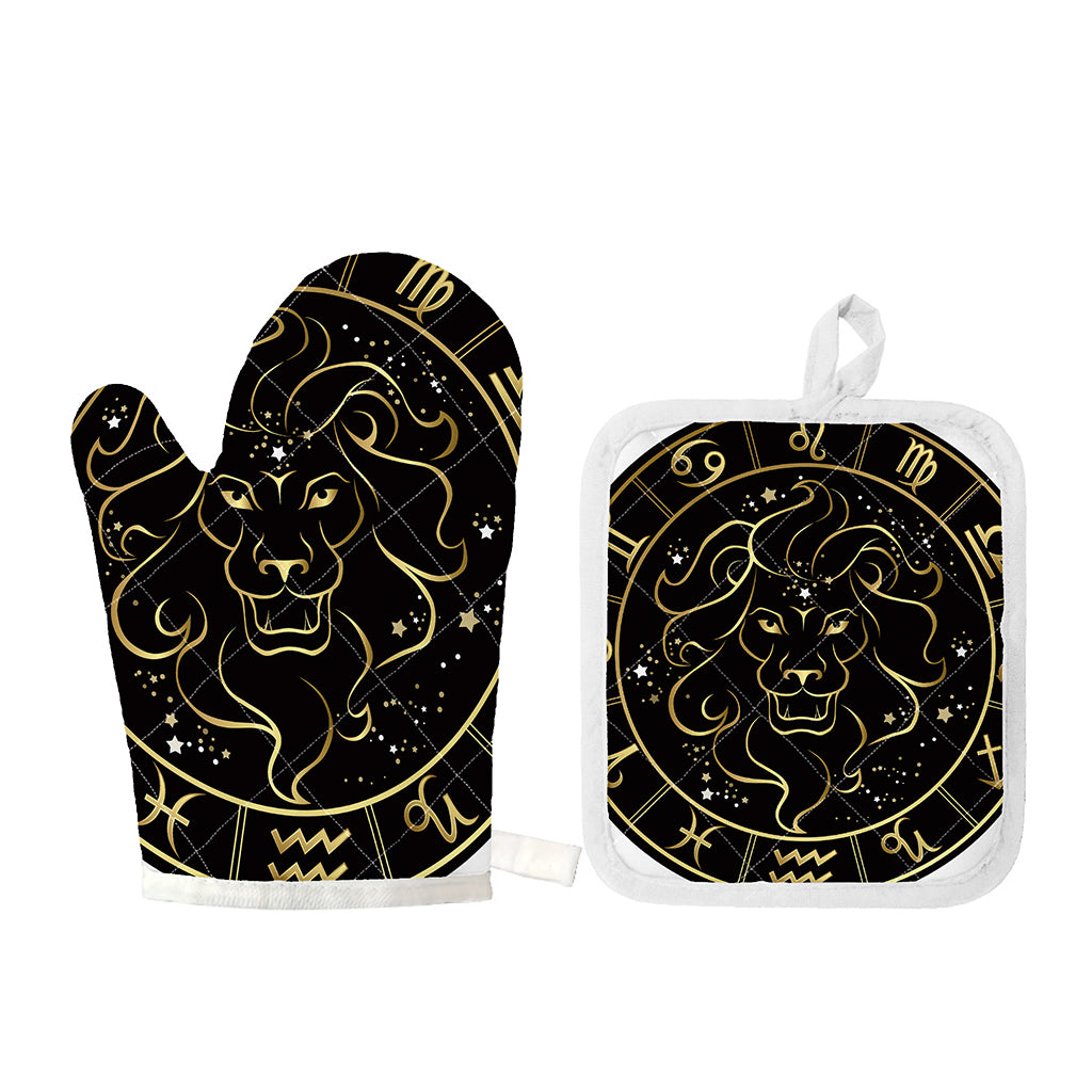 Gold And Black Leo Sign Print Oven Mitt And Pot Holder Set