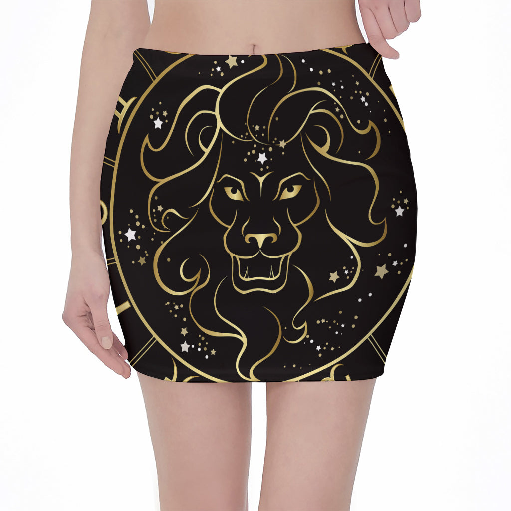 Gold And Black Leo Sign Print Pencil Mini Skirt