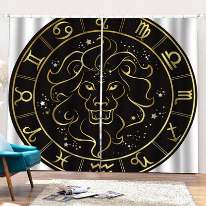 Gold And Black Leo Sign Print Pencil Pleat Curtains