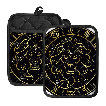 Gold And Black Leo Sign Print Pot Holders With Pocket