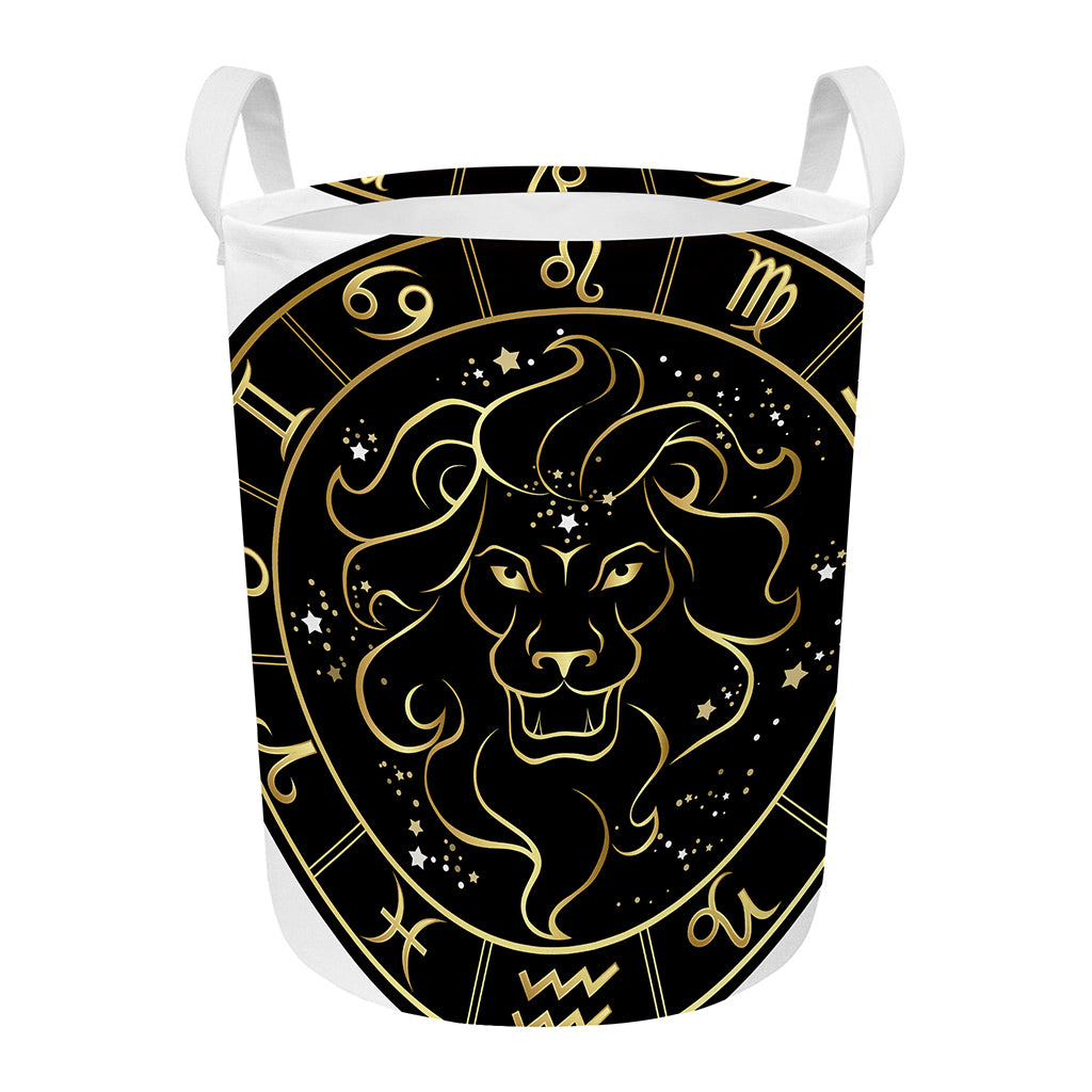 Gold And Black Leo Sign Print Round Laundry Basket