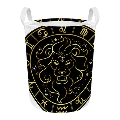 Gold And Black Leo Sign Print Round Laundry Basket