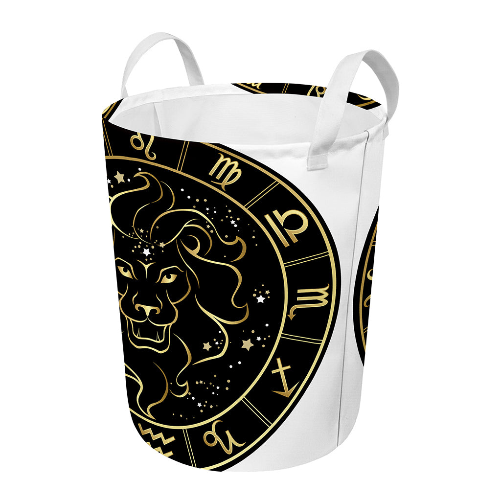 Gold And Black Leo Sign Print Round Laundry Basket