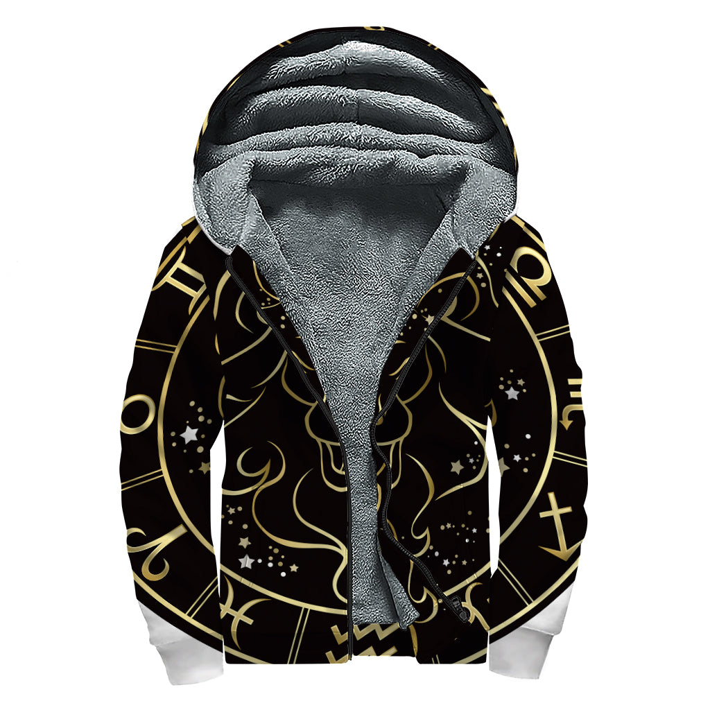 Gold And Black Leo Sign Print Sherpa Lined Zip Up Hoodie