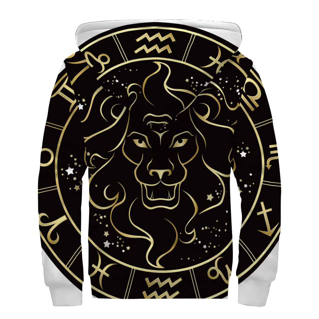 Gold And Black Leo Sign Print Sherpa Lined Zip Up Hoodie