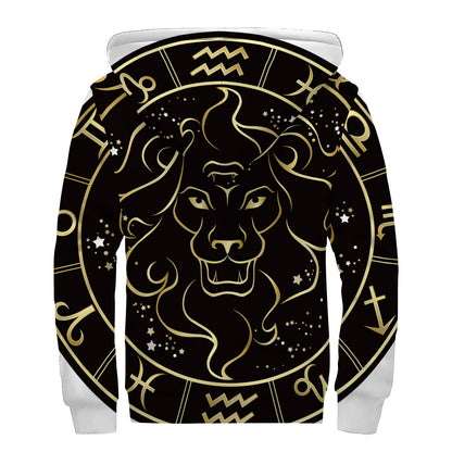 Gold And Black Leo Sign Print Sherpa Lined Zip Up Hoodie