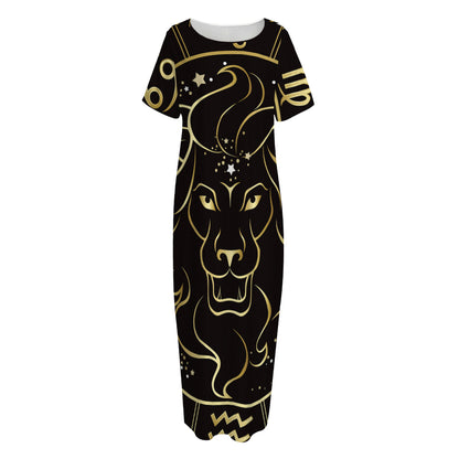Gold And Black Leo Sign Print Short Sleeve Long Nightdress