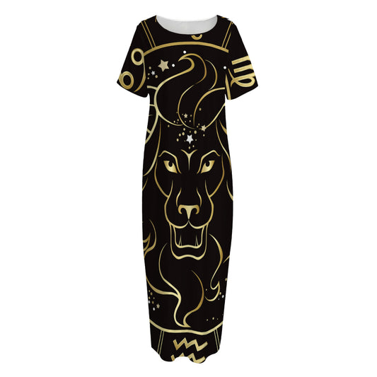 Gold And Black Leo Sign Print Short Sleeve Long Nightdress