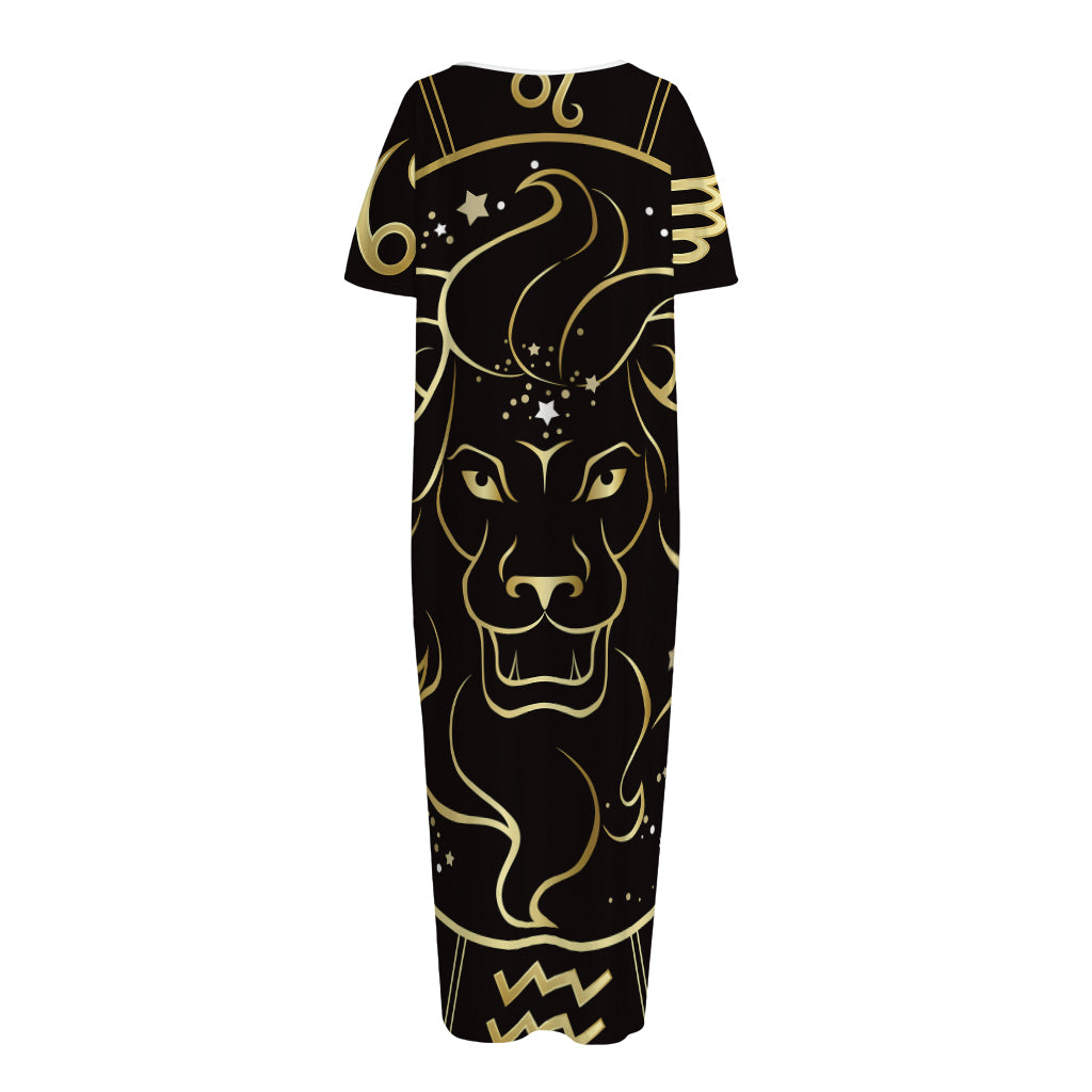 Gold And Black Leo Sign Print Short Sleeve Long Nightdress