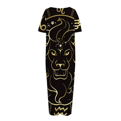 Gold And Black Leo Sign Print Short Sleeve Long Nightdress