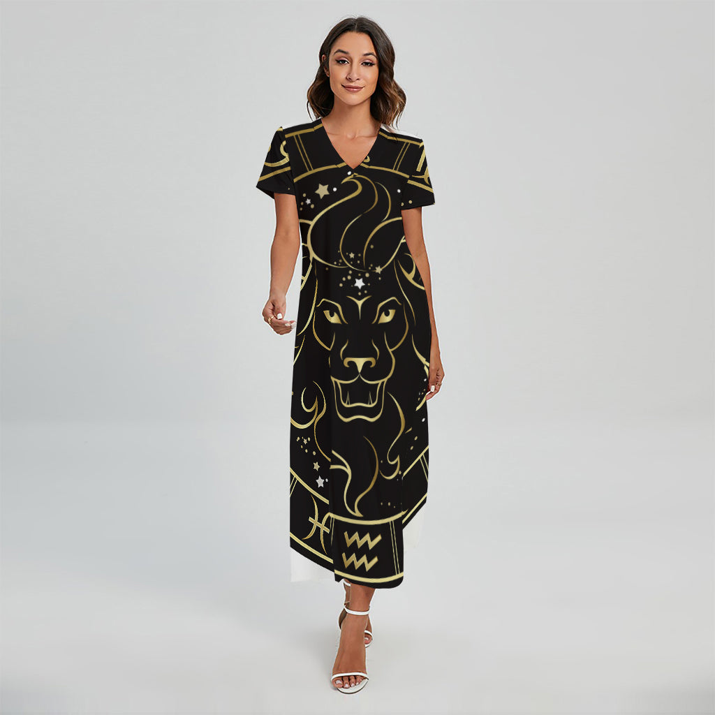 Gold And Black Leo Sign Print Short Sleeve Maxi Dress