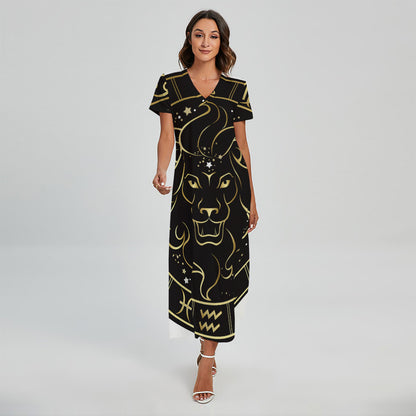 Gold And Black Leo Sign Print Short Sleeve Maxi Dress