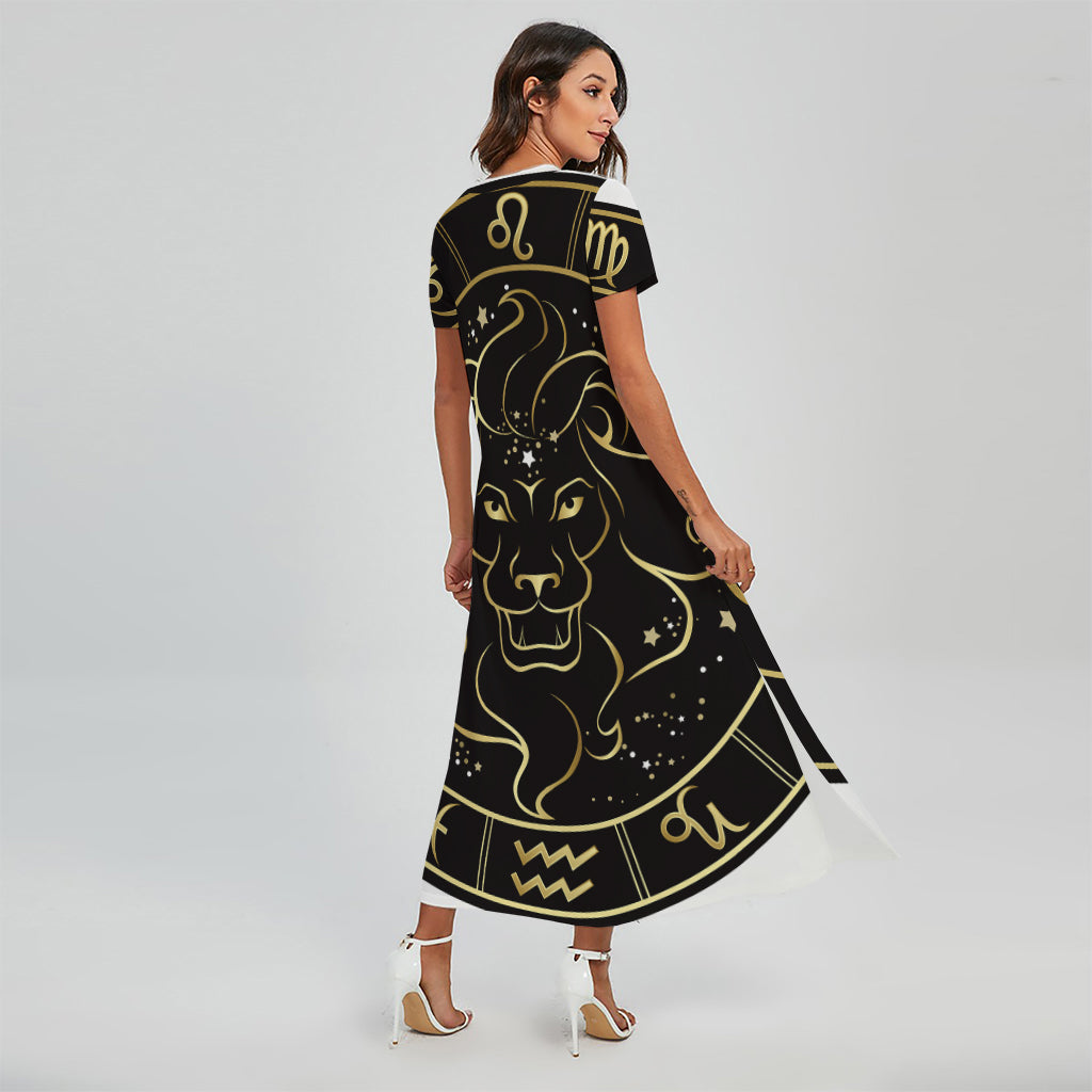 Gold And Black Leo Sign Print Short Sleeve Maxi Dress