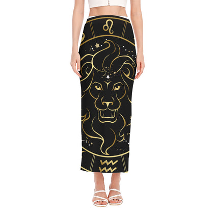 Gold And Black Leo Sign Print Side Slit Maxi Skirt