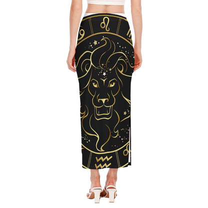 Gold And Black Leo Sign Print Side Slit Maxi Skirt
