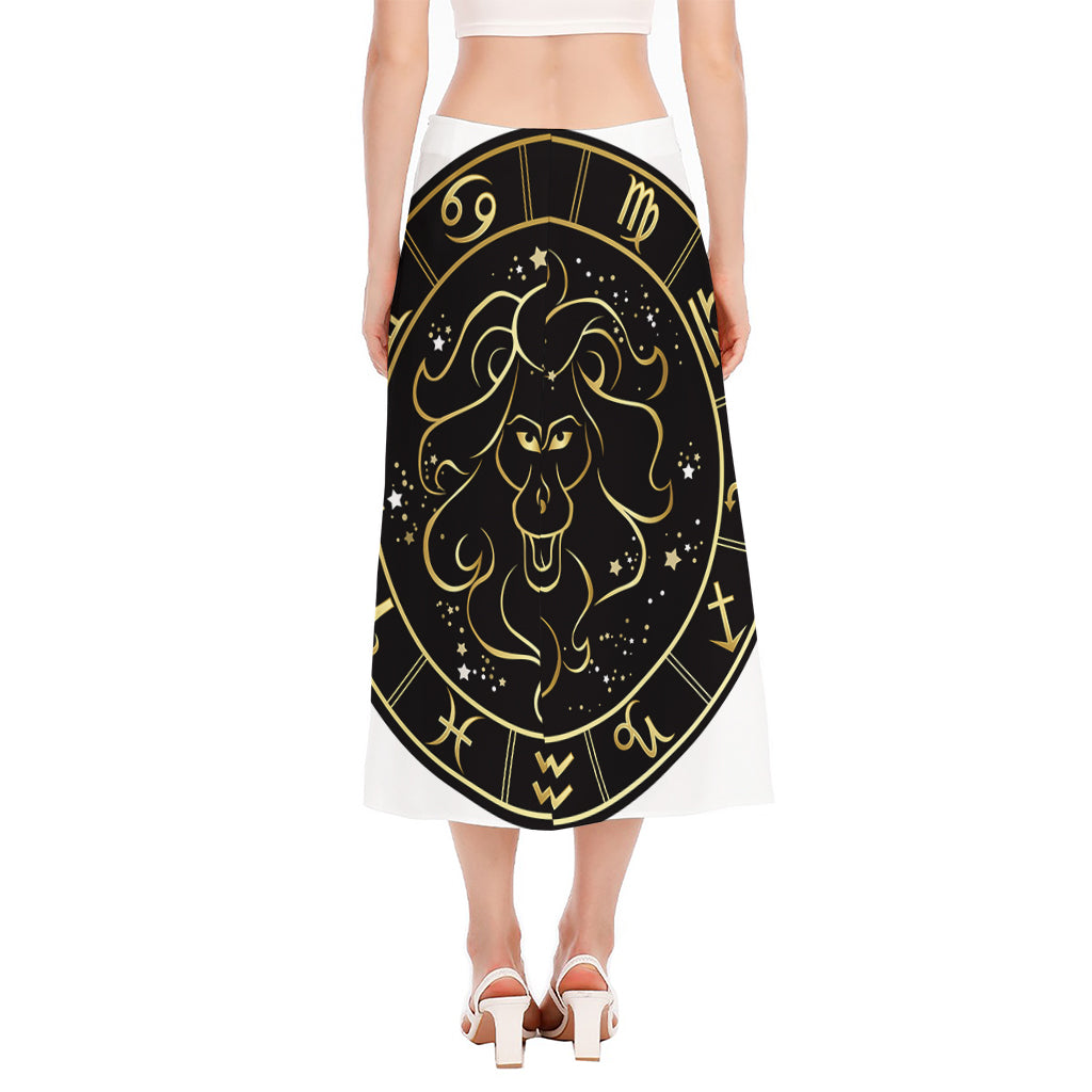 Gold And Black Leo Sign Print Side Slit Midi Skirt