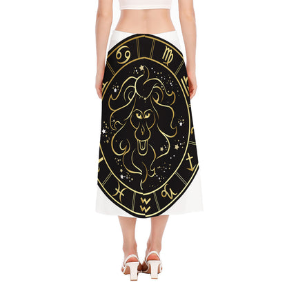 Gold And Black Leo Sign Print Side Slit Midi Skirt
