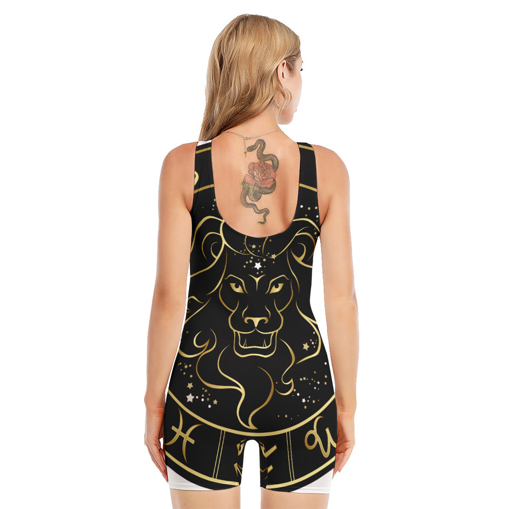 Gold And Black Leo Sign Print Sleeveless One Piece Swimsuit