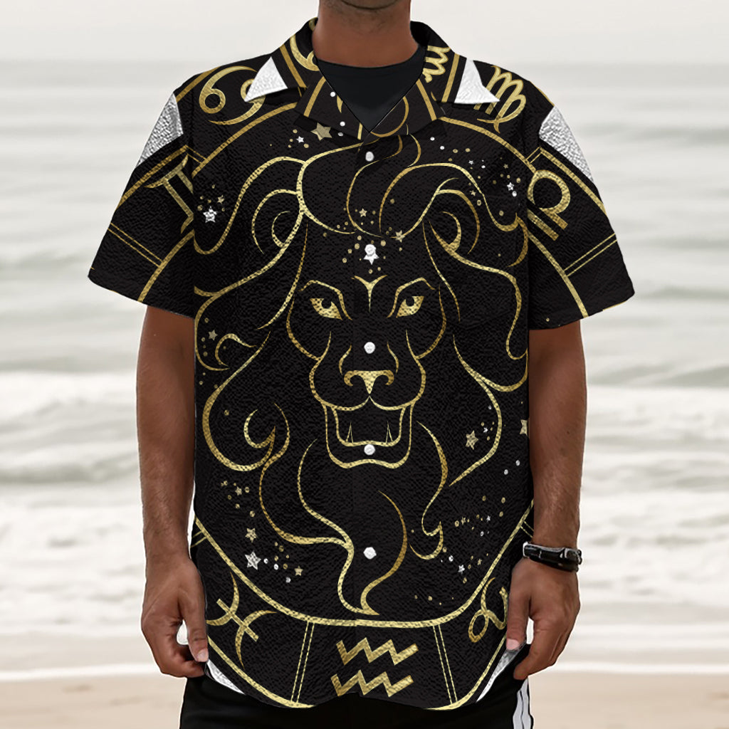 Gold And Black Leo Sign Print Textured Short Sleeve Shirt
