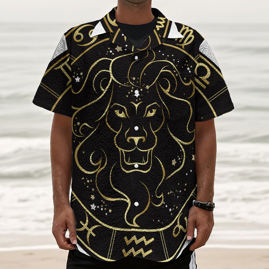 Gold And Black Leo Sign Print Textured Short Sleeve Shirt