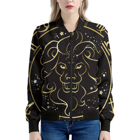 Gold And Black Leo Sign Print Women's Bomber Jacket