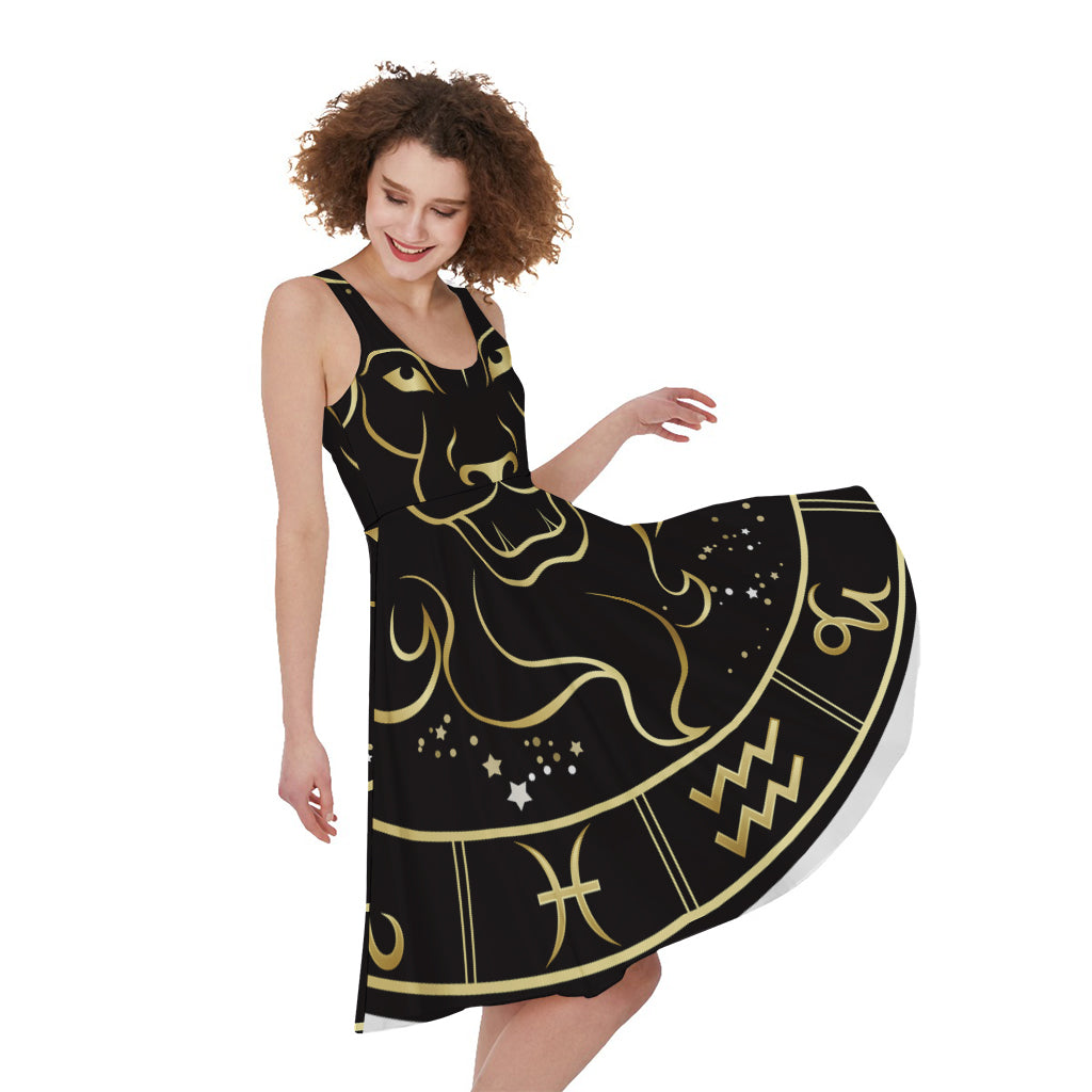 Gold And Black Leo Sign Print Women's Sleeveless Dress