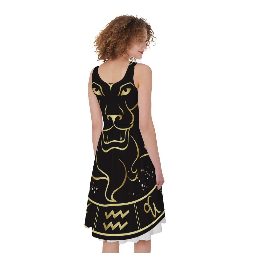 Gold And Black Leo Sign Print Women's Sleeveless Dress