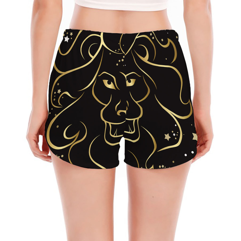 Gold And Black Leo Sign Print Women's Split Running Shorts