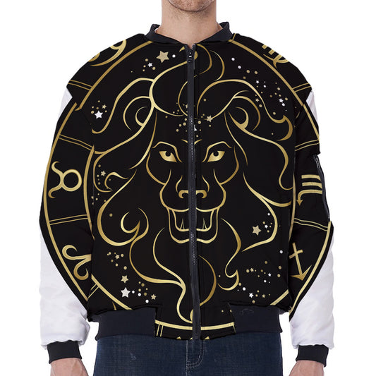 Gold And Black Leo Sign Print Zip Sleeve Bomber Jacket