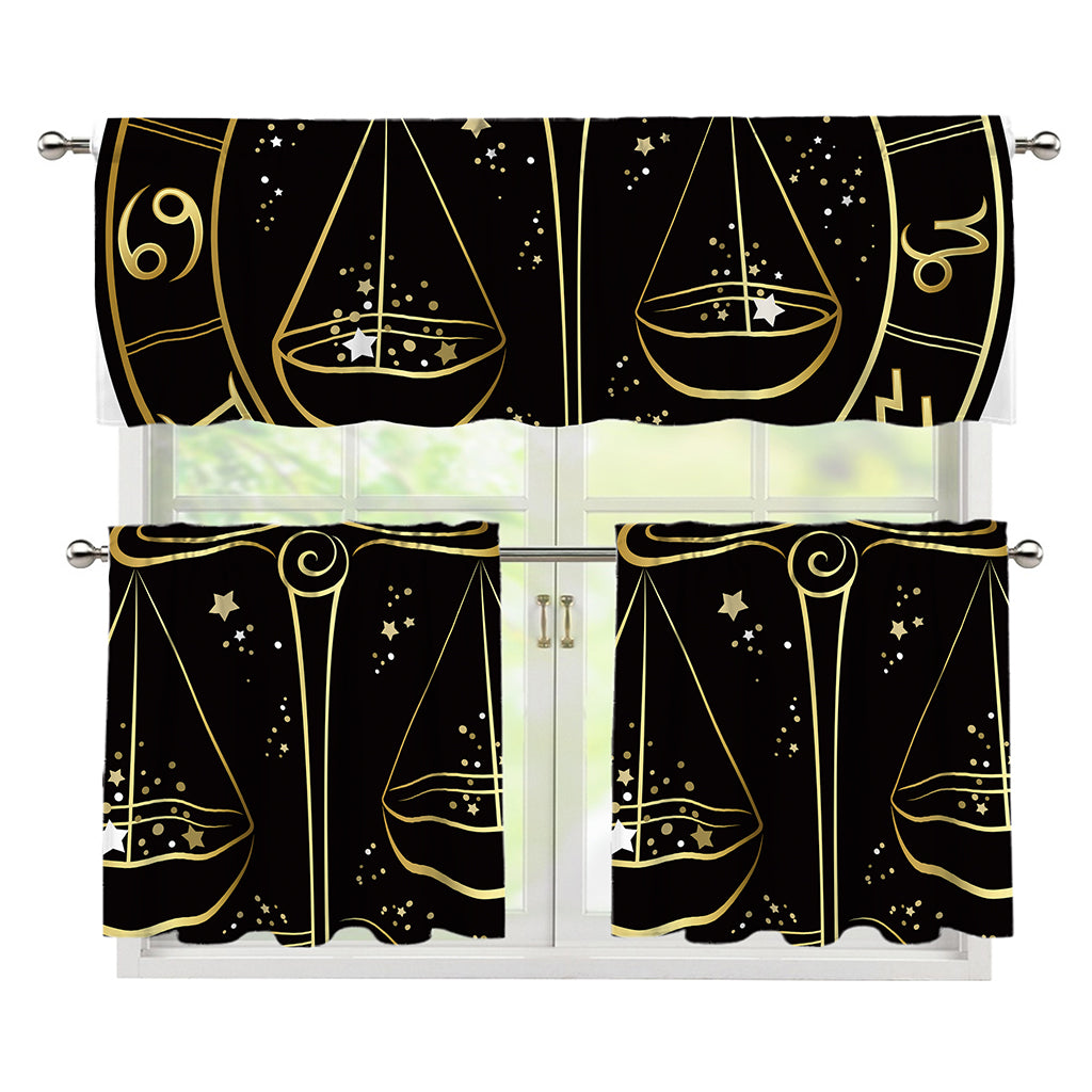 Gold And Black Libra Sign Print 3 Piece Kitchen Curtains